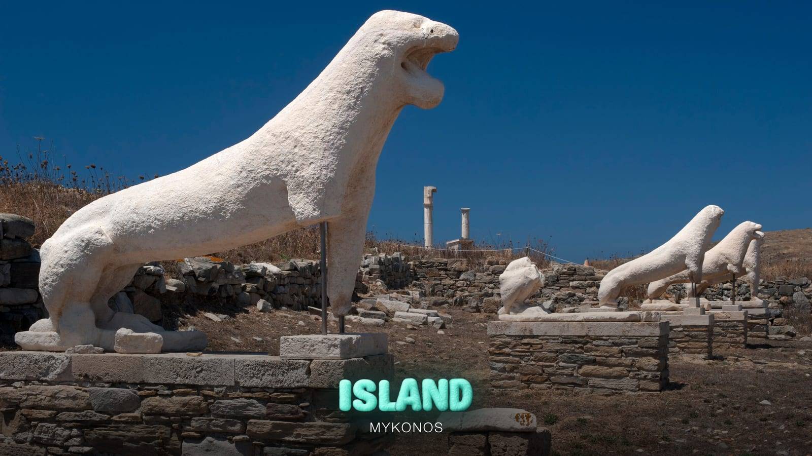 The marble Terrace of the Lions on Delos, the classic day trip from Mykonos, with the Party Island Mykonos logo